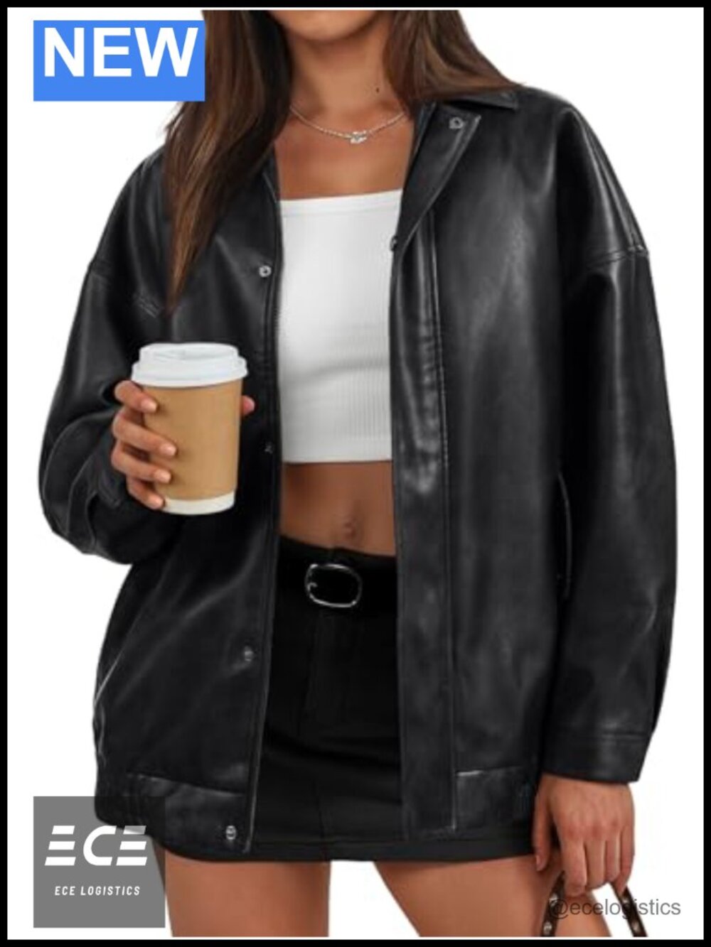 Oversized Faux Leather Bomber Jacket Textured Zip Moto Coat